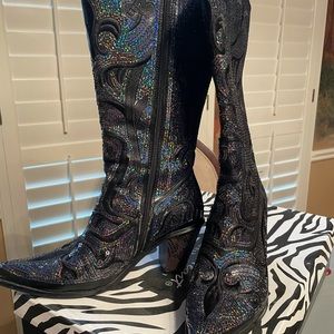 Black/Blue Sequined Cowboy Boots